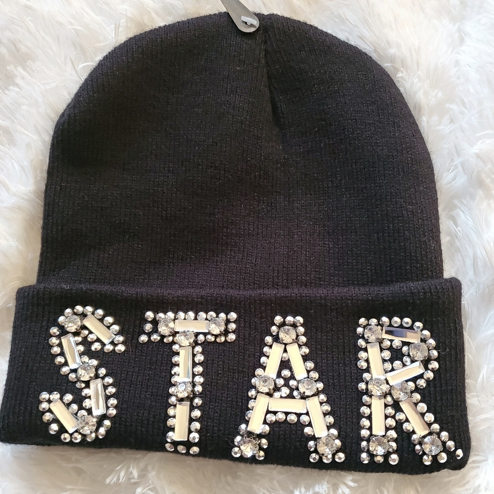 Star Glam Black Beanie Winter Hat